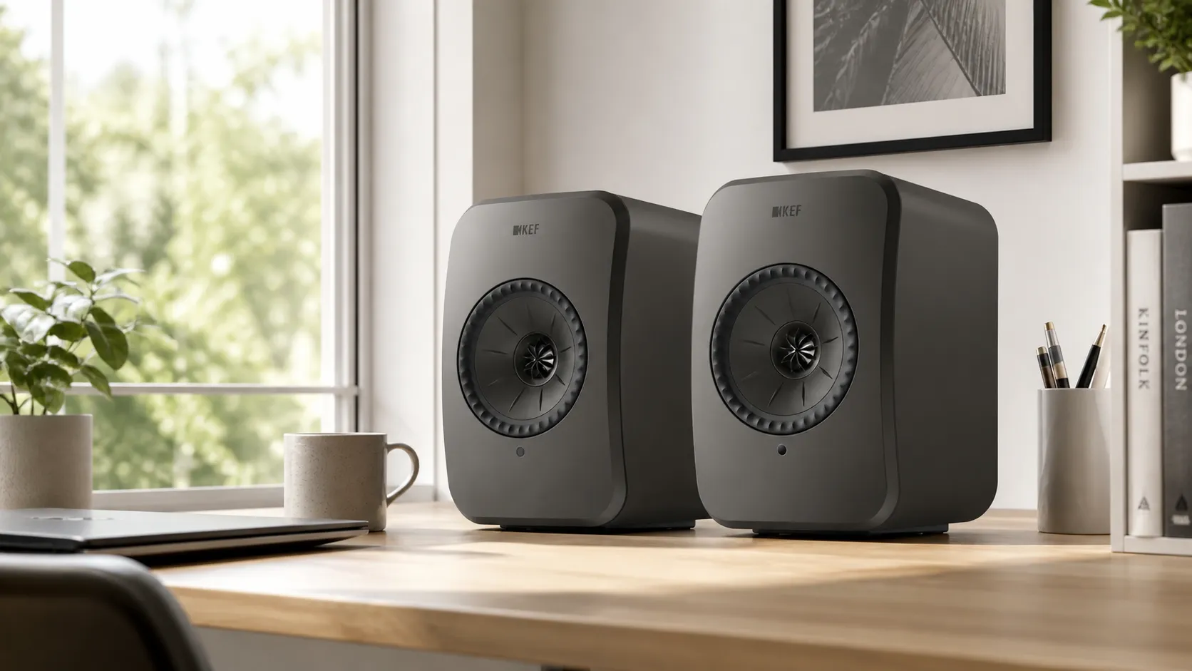 KEF LSX II LT posées sur un bureau