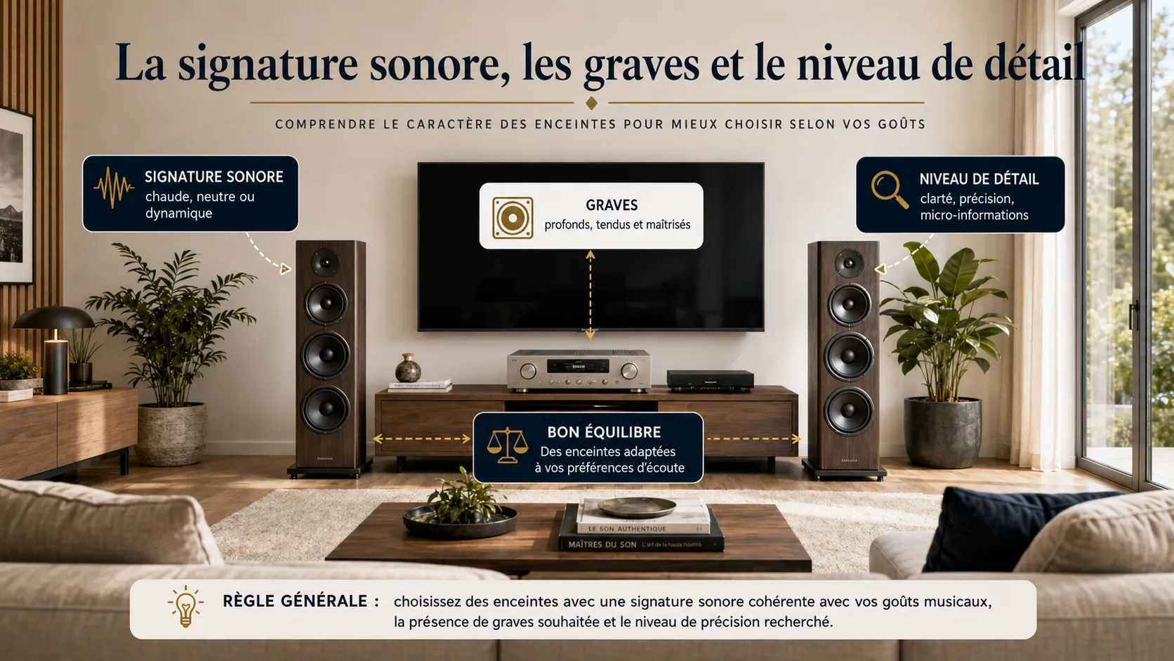 Signature sonore, grave et niveau de détail d'une enceinte bibliothèque