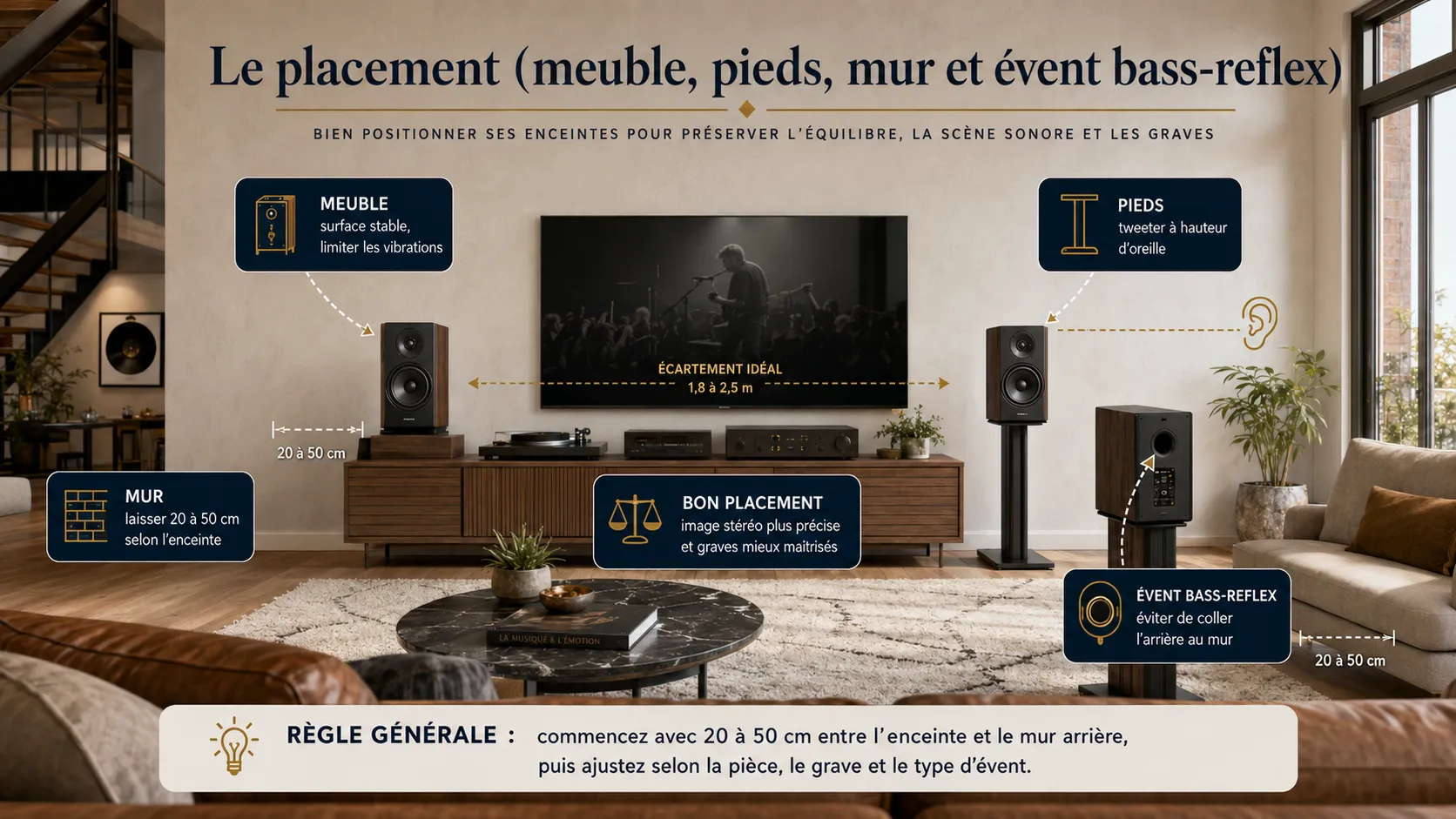 Placement d'une enceinte bibliothèque : pieds, mur et évent bass-reflex