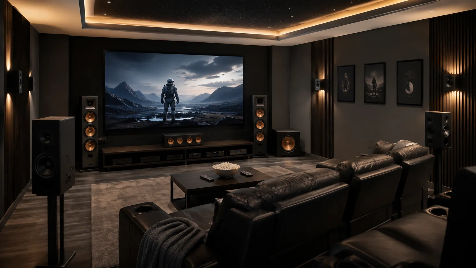 Enceintes colonne en frontales d'un système home cinéma 5.1 avec centrale et surround