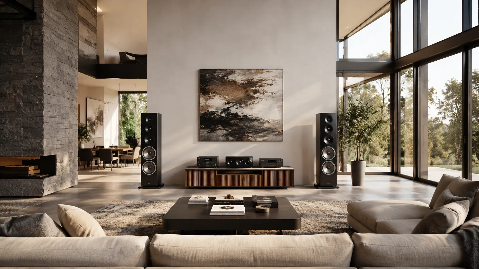 Enceintes colonne dans un grand salon
