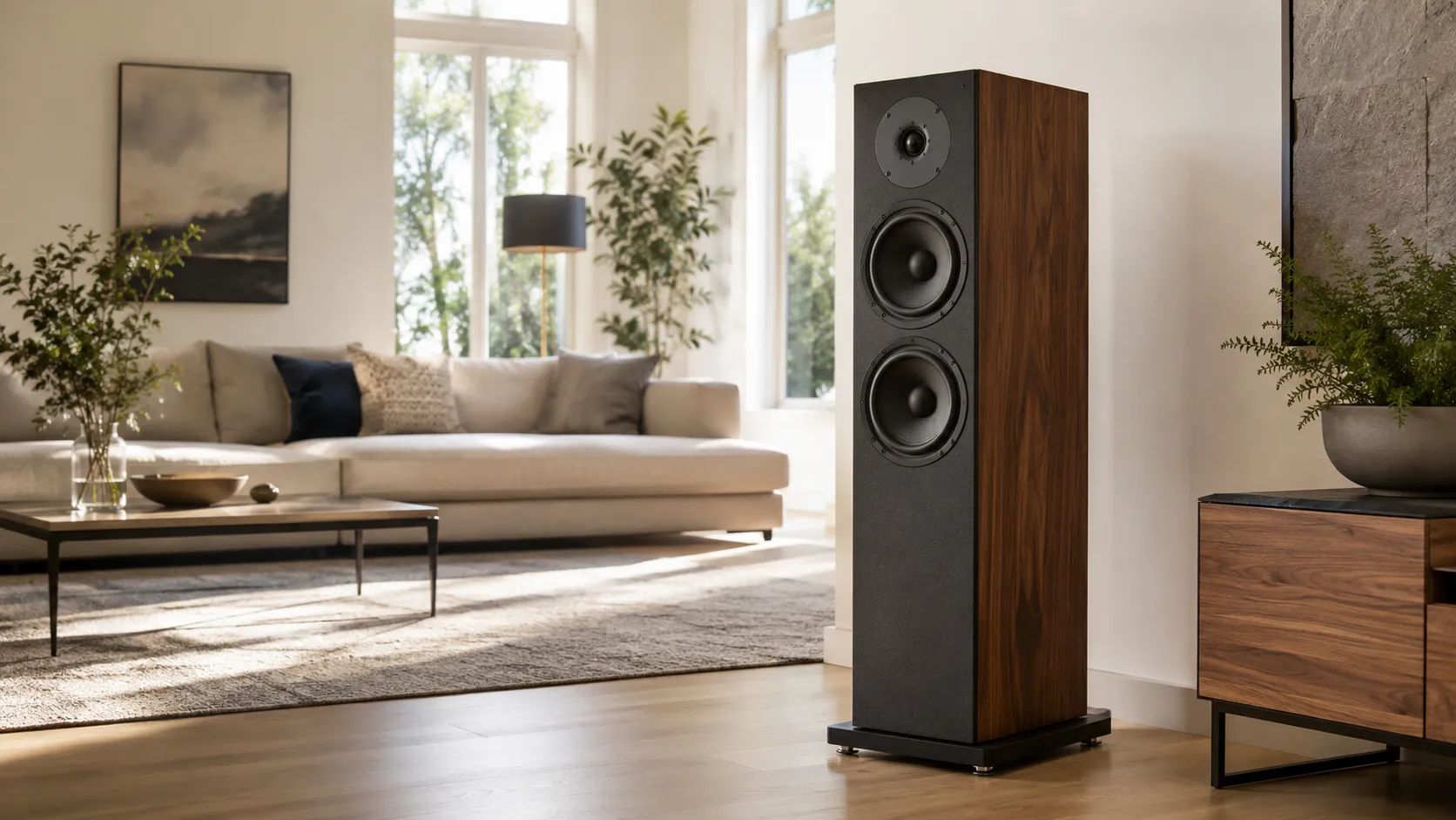 Schéma d'une enceinte colonne 2,5 voies : un second woofer limité au grave