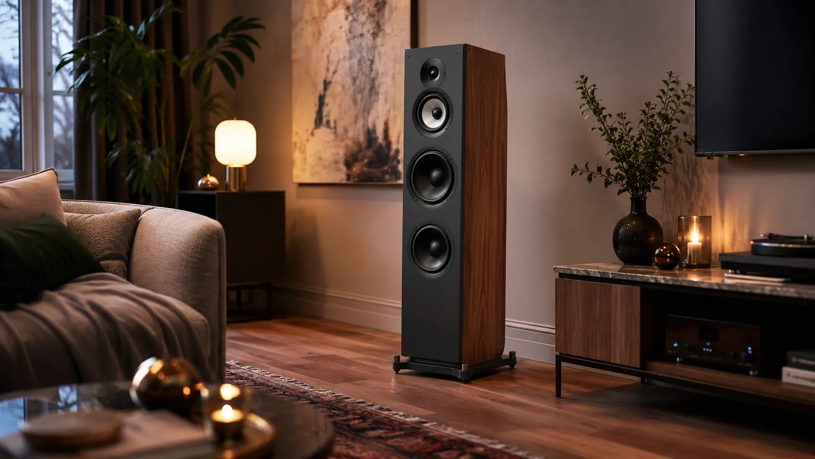 Enceinte colonne passive associée à un ampli séparé dans un salon