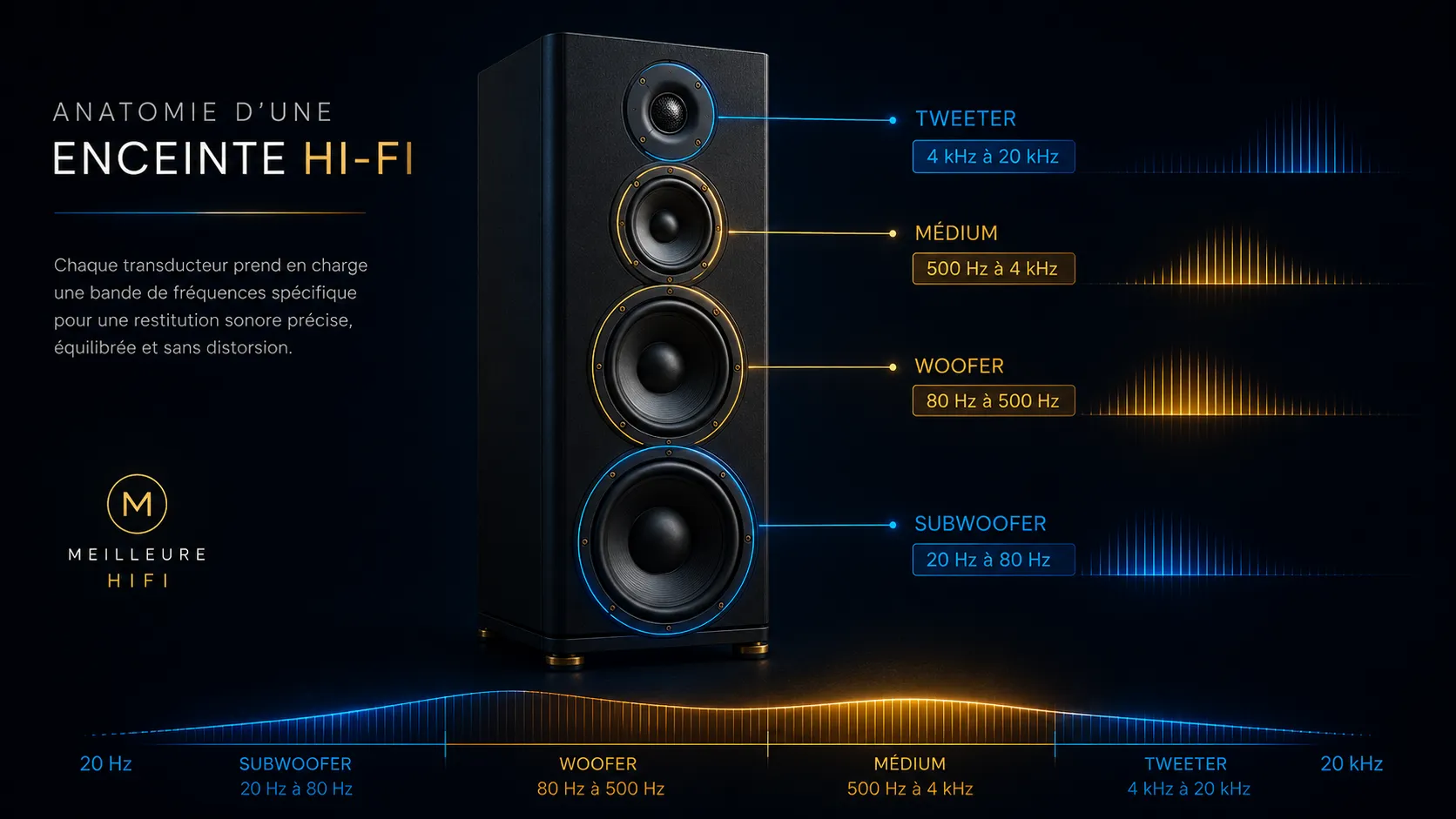 Illustration technique montrant subwoofer, woofer, médium et tweeter avec leurs plages de fréquences en couleur