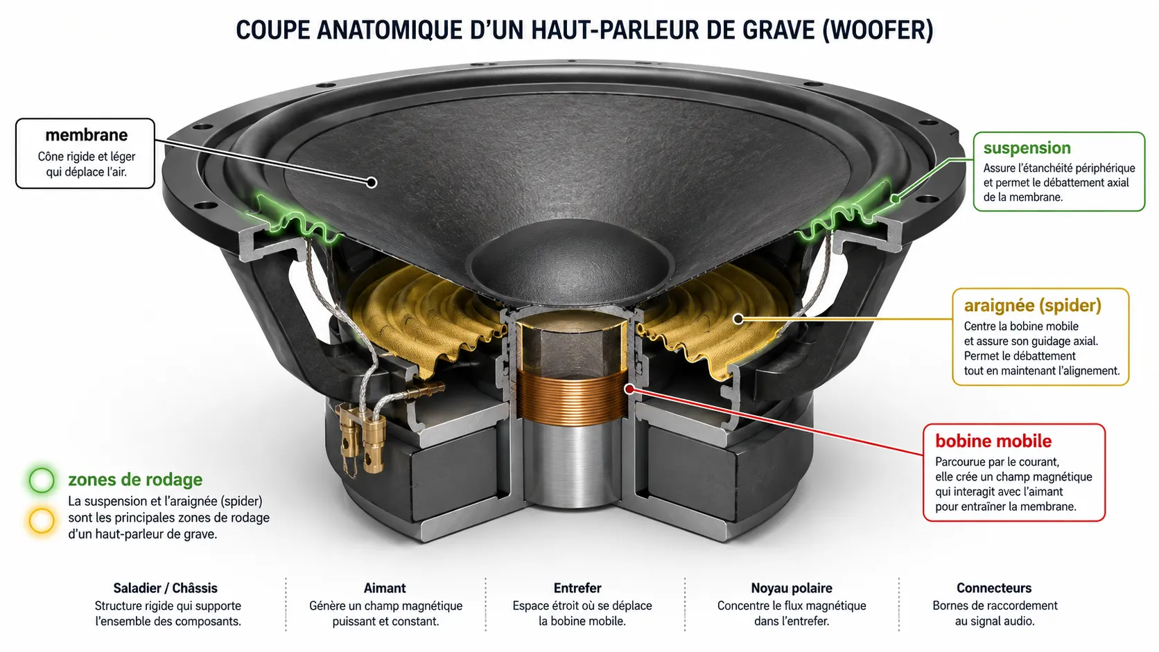 Coupe d'un haut-parleur : membrane, suspension (entoilage souple), araignée (spider) et bobine mobile
